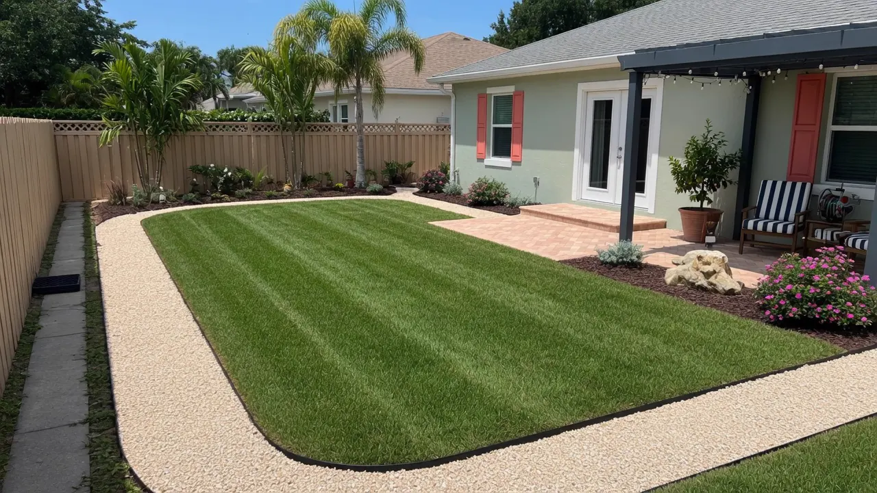 Dry, lush restored Central Florida yard after FloGuard French drain system
