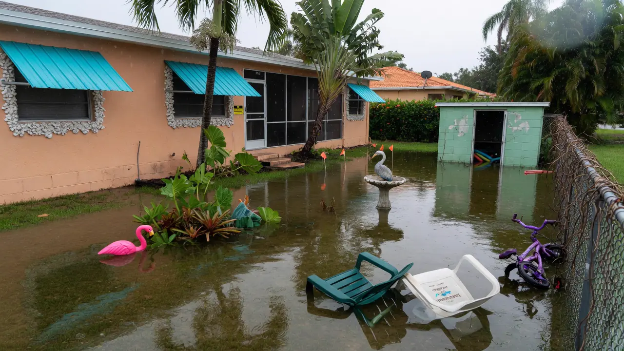 Flooded Central Florida backyard with standing water before drainage work