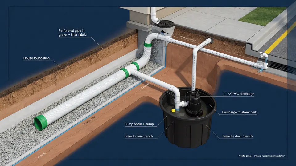 FloGuard French drain and sump pump system diagram